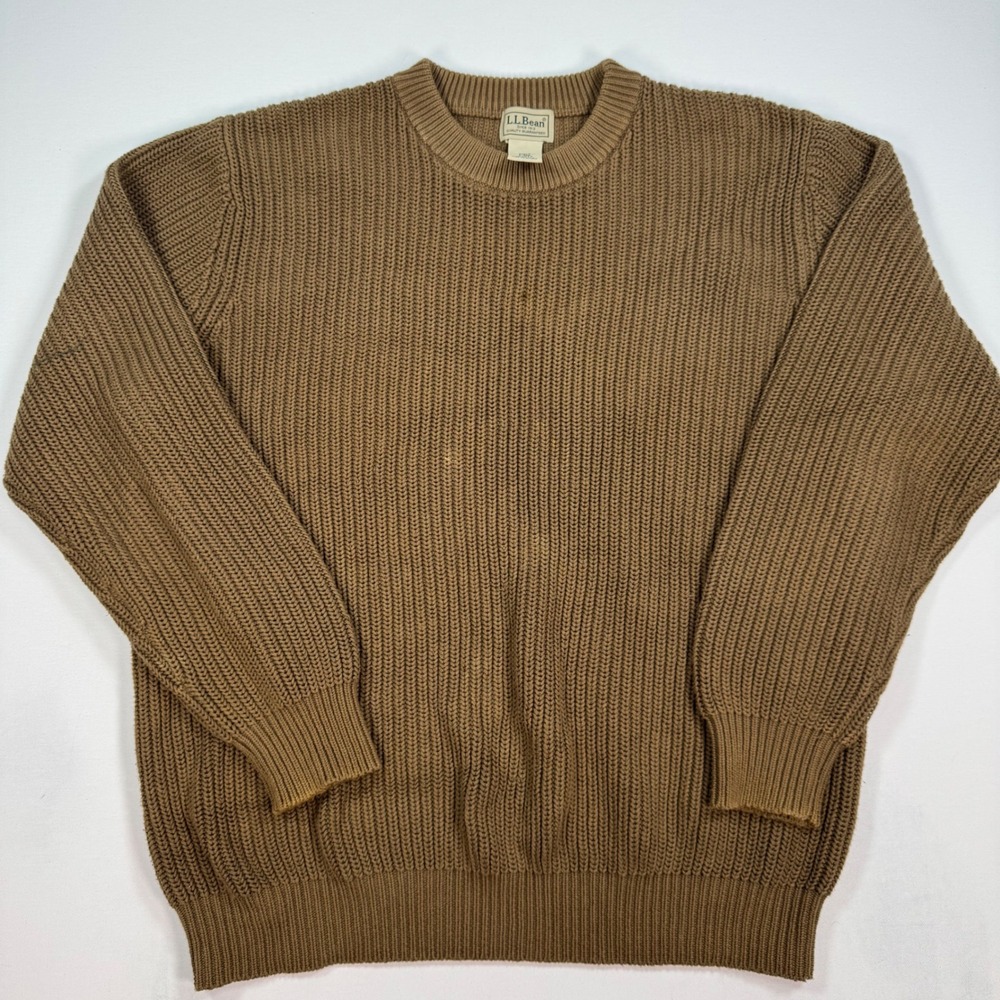 LL Bean Mens Large Brown Ribbed Knit Fisherman Crewneck Sweater 100% Cotton